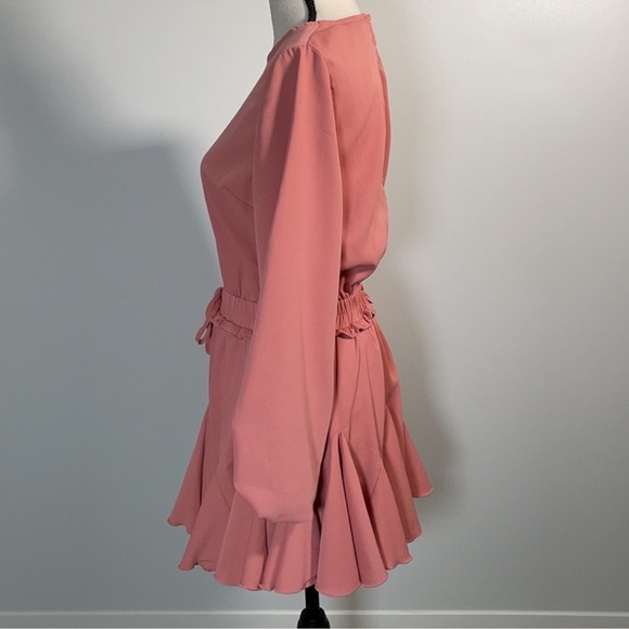 Mainstrip Peach Pink Long Sleeve Smocked Waist Ruffle Mini Dress – Size M - Picture 6 of 12